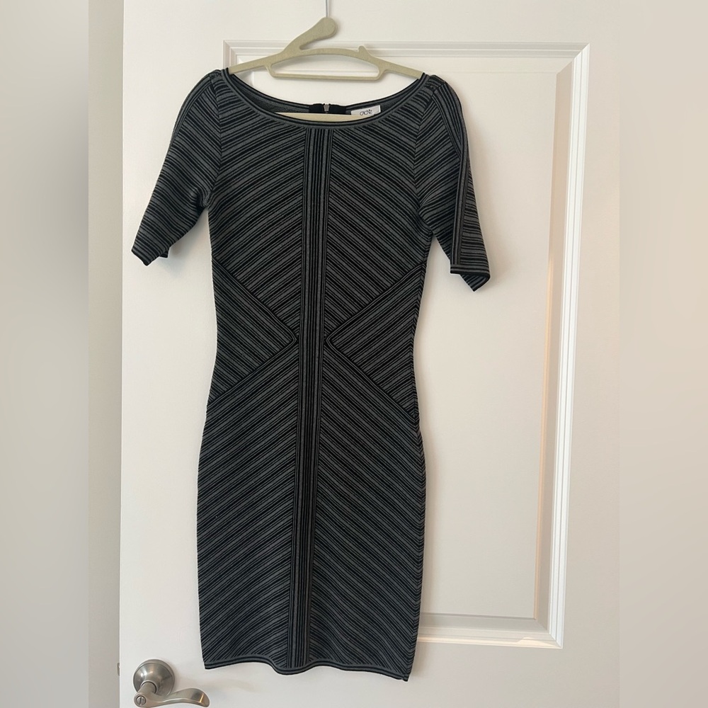 Cache Black and Gray Striped Midi Sheath Dress